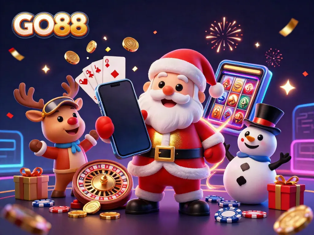 Experience GO88's immersive gaming world with a festive 3D scene featuring Santa and his casino buddies.