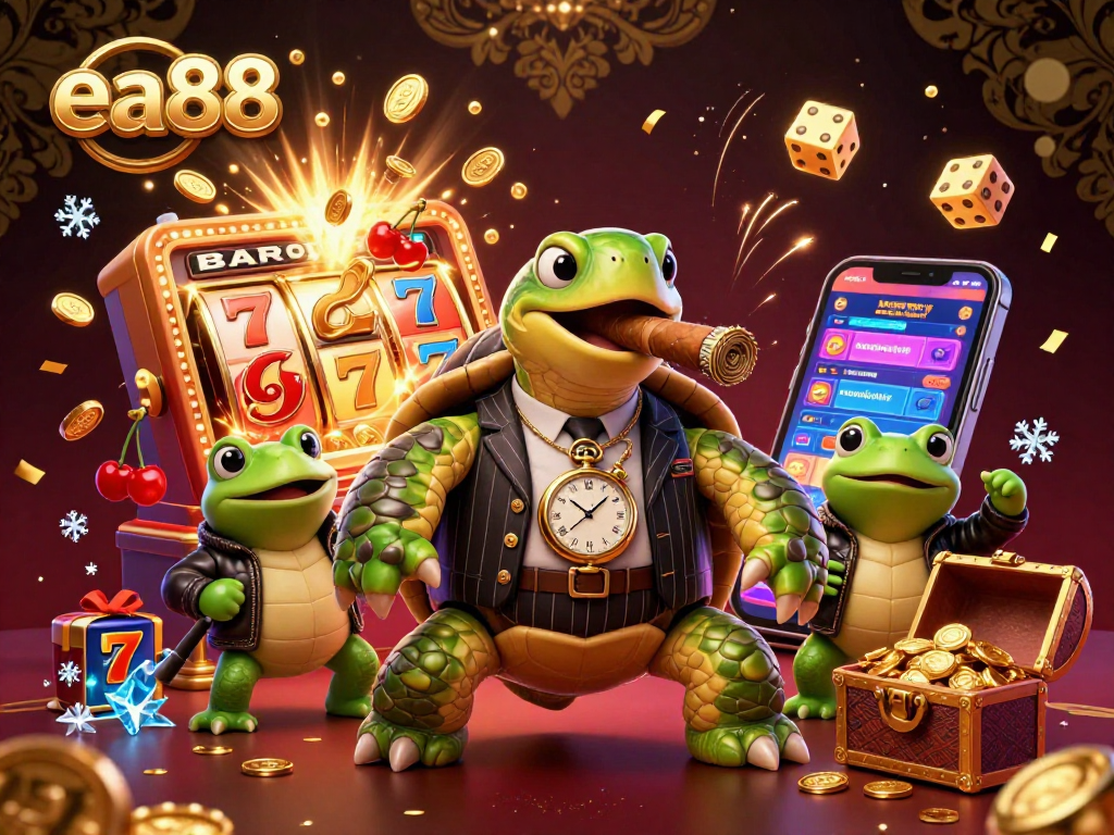 ea88 engages players with a dynamic casino scene featuring a snapping turtle, slot machine, and golden treasures.