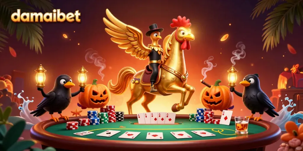 Immerse in the lively damaibet casino scene with a golden rooster and poker elements.