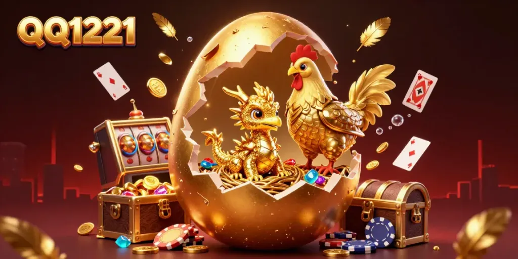Engage in QQ1221's thrilling gaming experience with a golden dragon and poker chips in action.
