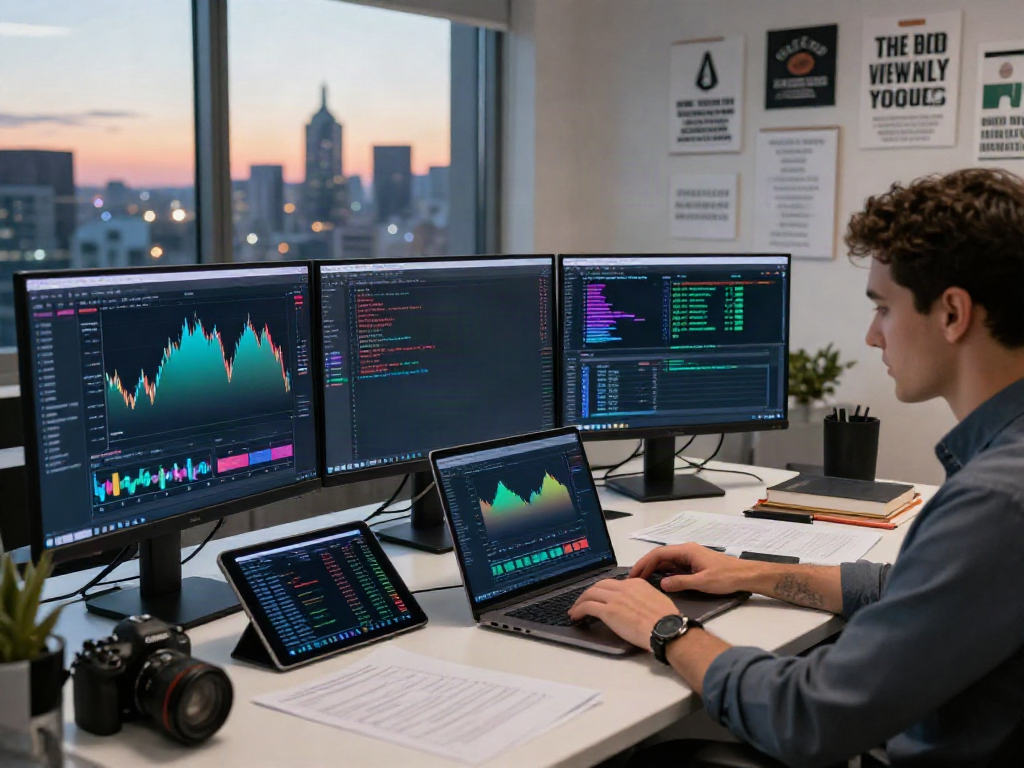 TradingView trader analyzing market data and financial charts in a modern office setting.