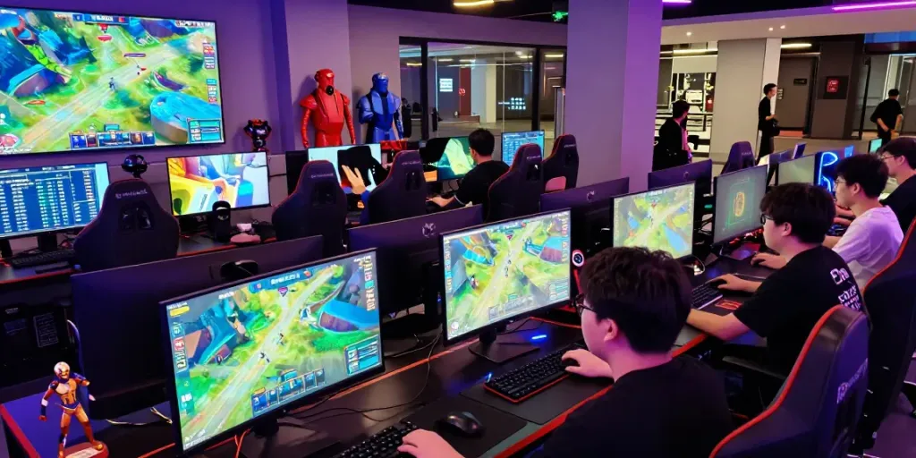 Creative gaming hub with players engaged in bos88 online games and real-time analytics.