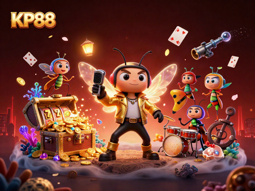 Experience KP88, the lively online casino world, with exciting slot reels and vibrant characters!