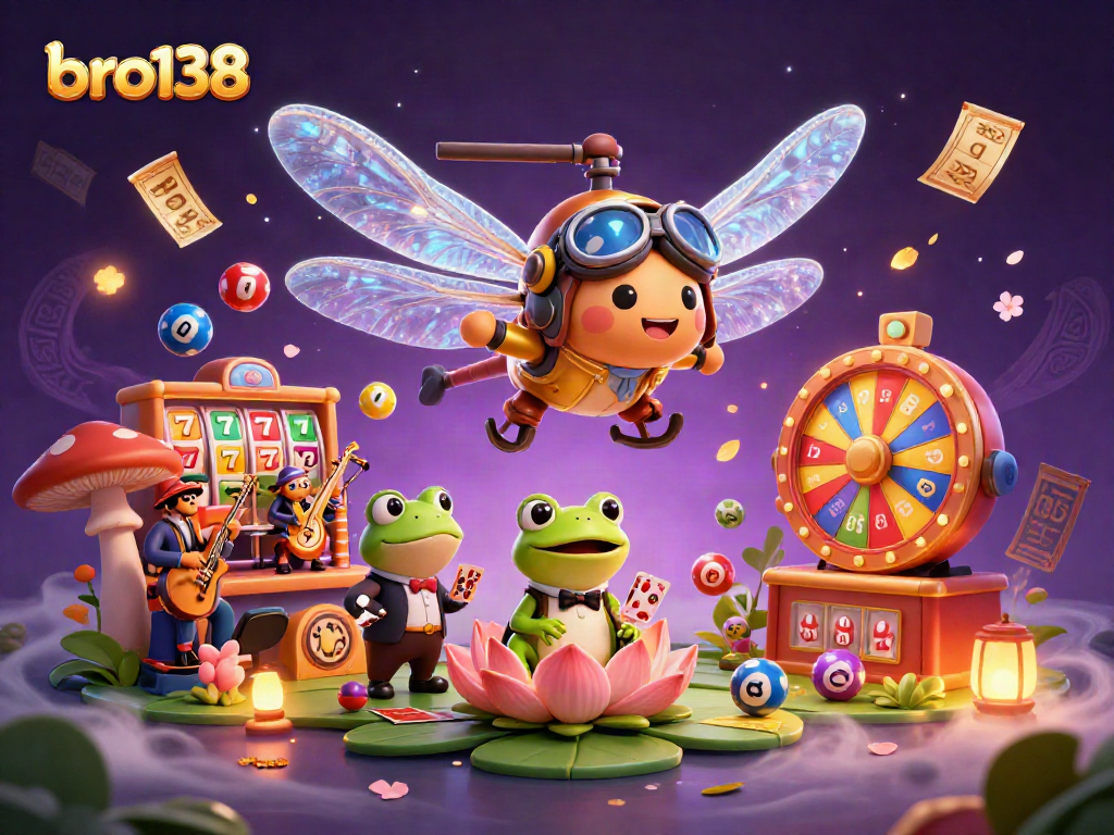 Experience gaming excitement with bro138's vibrant 3D casino art featuring dynamic lucky symbols and characters.