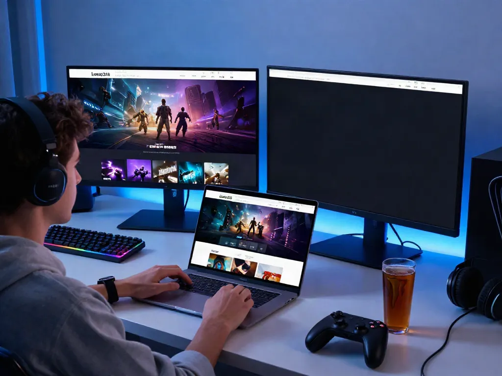 Luxury12 gaming platform user exploring options on modern laptop in vibrant home office setting.