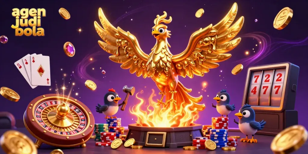 A vibrant and dynamic scene showcasing a golden phoenix alongside sparrow assistants, celebrating agen judi bola with casino elements like roulette and poker chips.