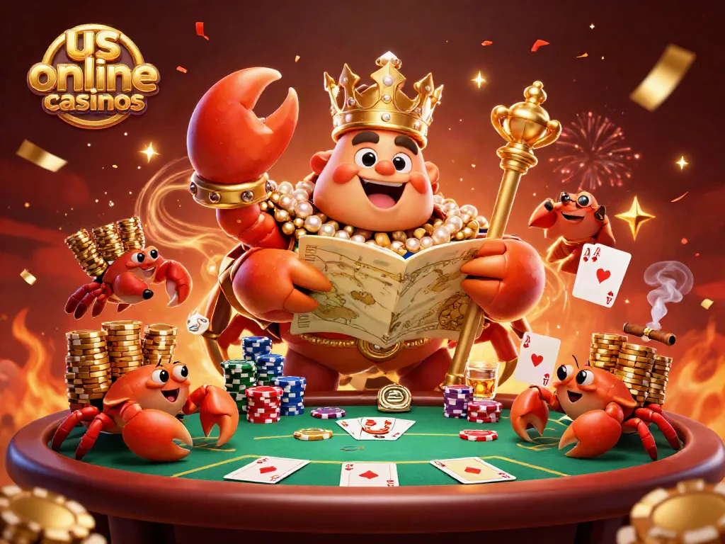 Winning at us online casinos with a 3D cartoon crab emperor holding royal symbols and poker elements.