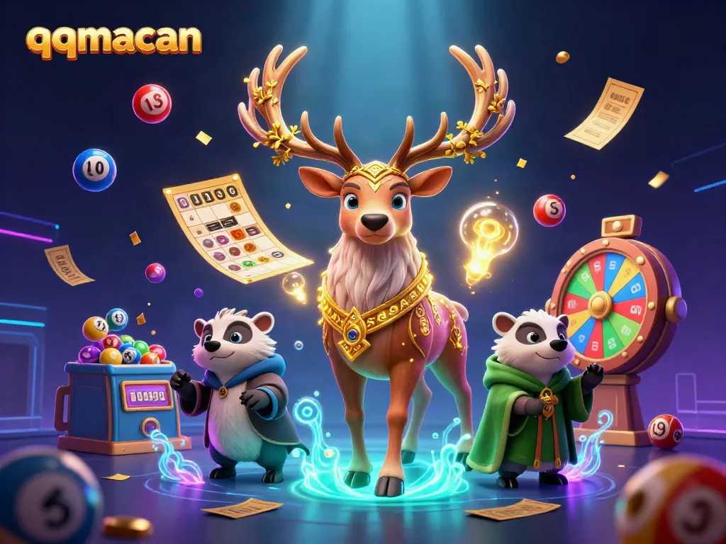 Engage with qqmacan's vibrant gambling world through a 3D illustration of fantasy characters and lottery elements.