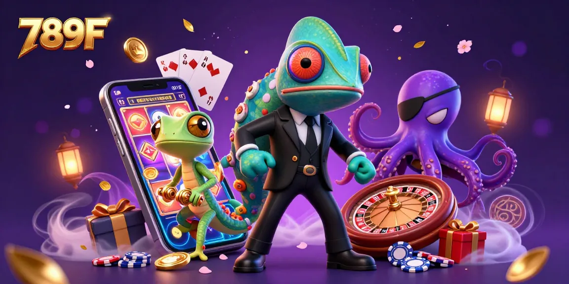 Engage with 789F in an ultra-detailed 3D casino illustration showcasing vibrant characters and games.