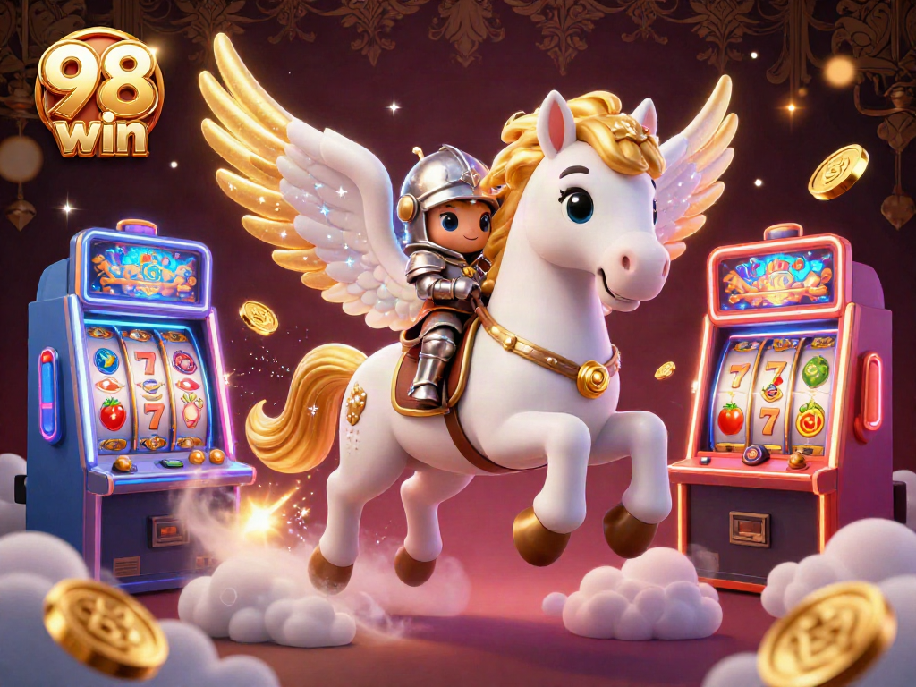 Experience the excitement of 98 win with a mythical knight and celestial horse in a vibrant casino scene.