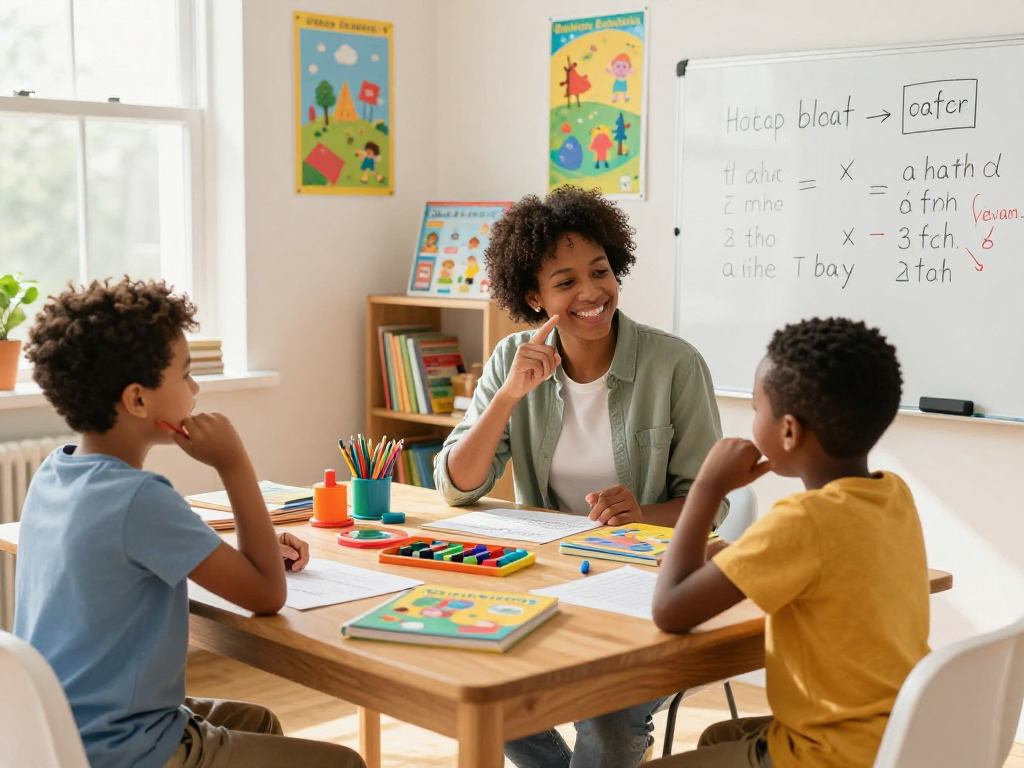 Engaging tutoring session with math and English tutors helping children in a bright learning space.