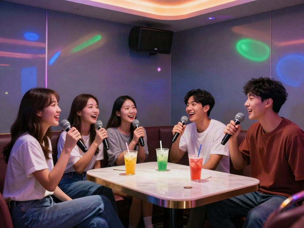 강남 달토 예약을 위한 현대적인 가라오케 내부에서 친구들이 즐거운 시간을 보내는 모습