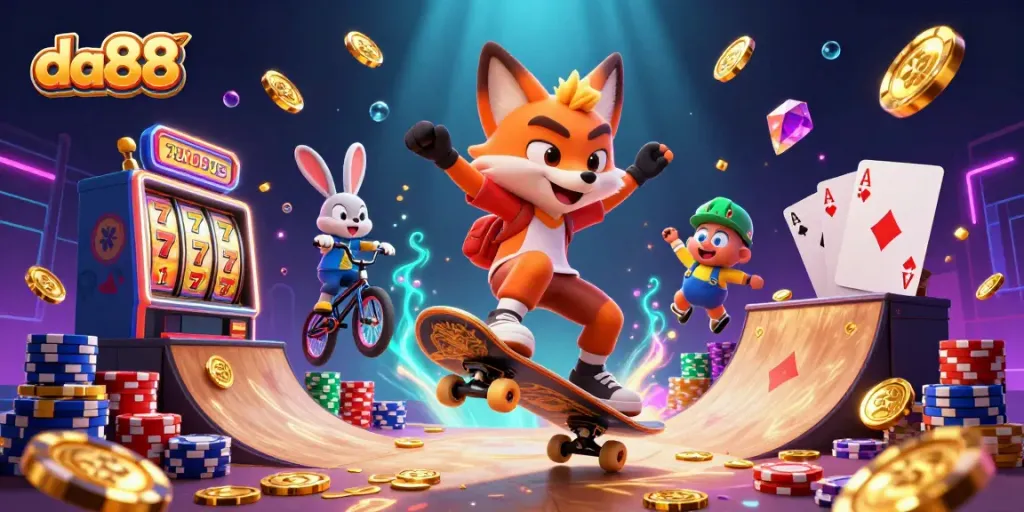 Experience the thrill of da88 as a cartoon fox performs crazy stunts in a vibrant casino scene.