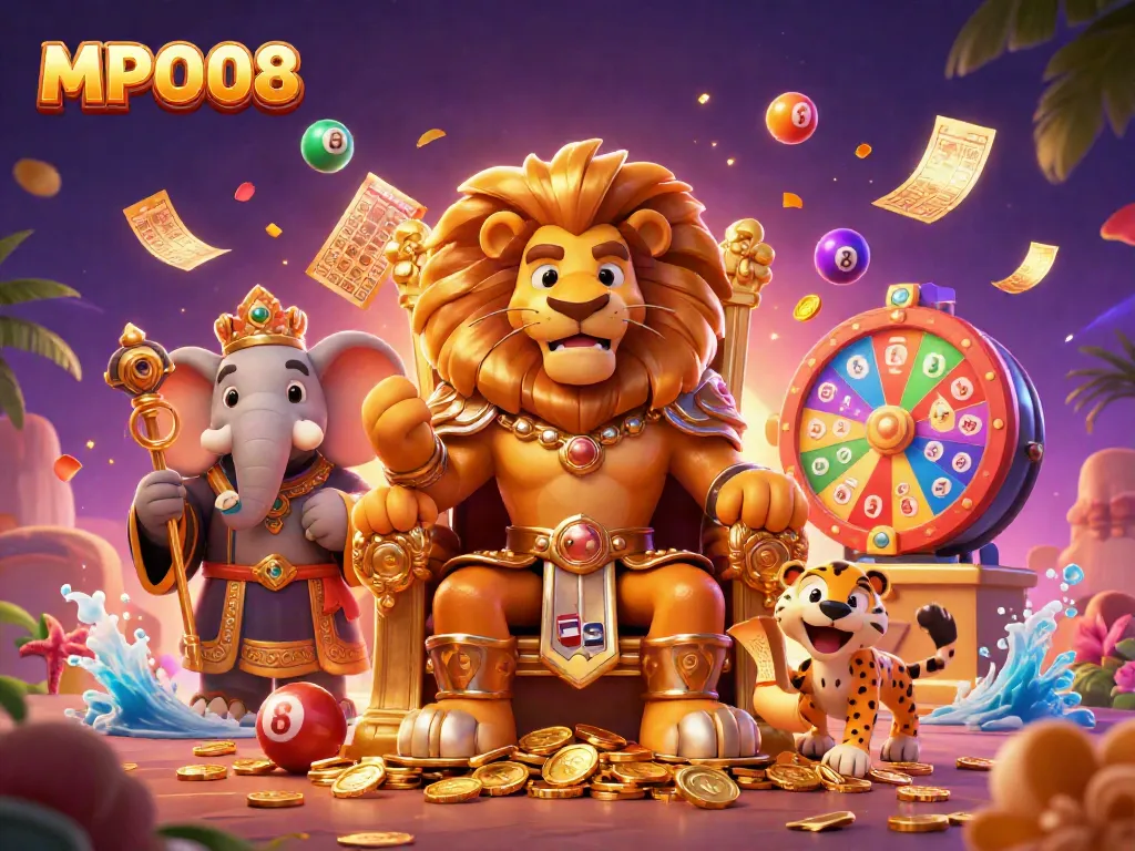 Engage with MPO08's captivating games featuring a lion king, wise elephant, and agile cheetah amidst vibrant lottery elements.
