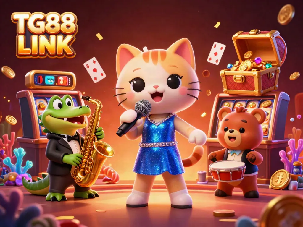 Experience the exciting TG88 LINK in a vibrant casino scene with animated characters and festive decorations.