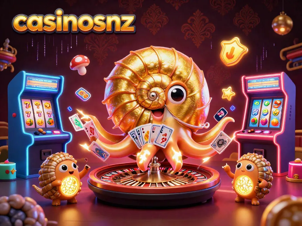 Experience thrilling gameplay at casinosnz with a vibrant scene of a nautilus roulette wheel and glowing slot machines.