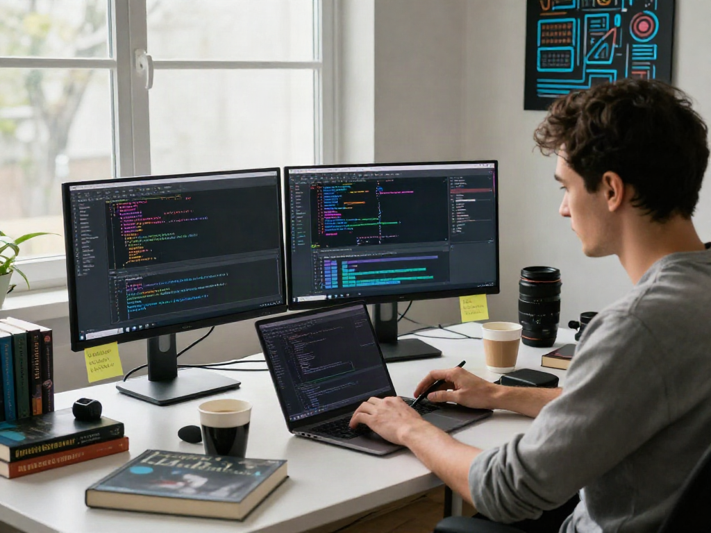Pengembang perangkat lunak menggunakan PGserver di ruang kerja modern dengan latar belakang alat teknologi.