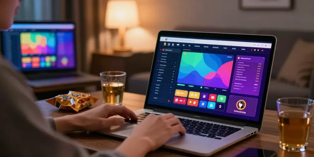 Pengguna ratutogel memasang taruhan di laptop dengan antarmuka game yang cerah dan interaktif.