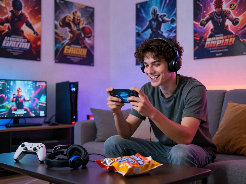 Player enjoying mobile porn games in a vibrant living room setting, showcasing gaming accessories and cozy ambiance.
