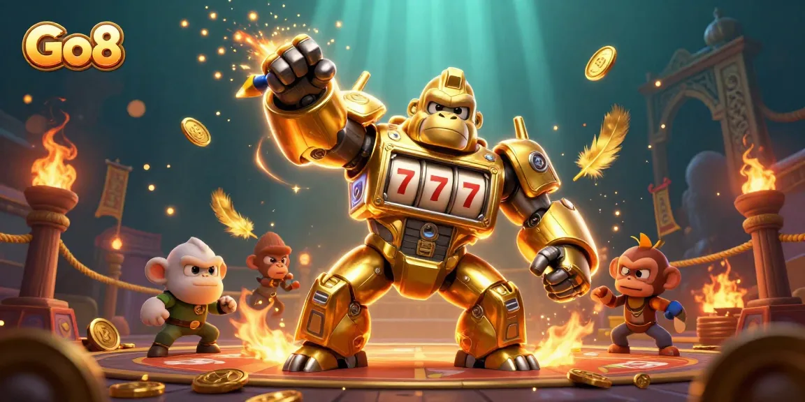 Engage with the thrilling Go8 casino experience as a golden gorilla mech brings the excitement of slot machines to life.
