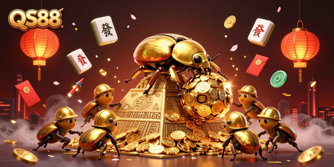 Engage in the thrilling world of QS88, featuring a golden beetle and casino symbols.