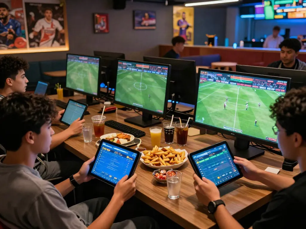 Friends enjoying a soccer match and betting on WWBOLA platform in a lively lounge
