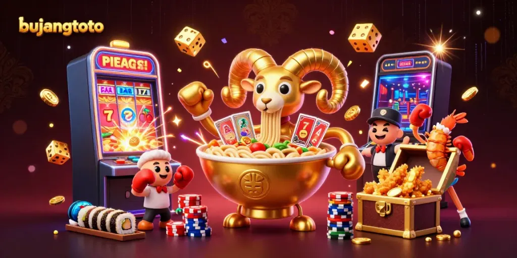 Experience excitement with bujangtoto's vibrant 3D casino game scene filled with dynamic characters and winning symbols.