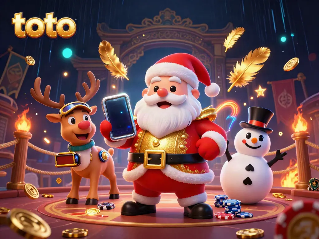 Experience festive gambling excitement with toto-themed characters in a vibrant casino scene.
