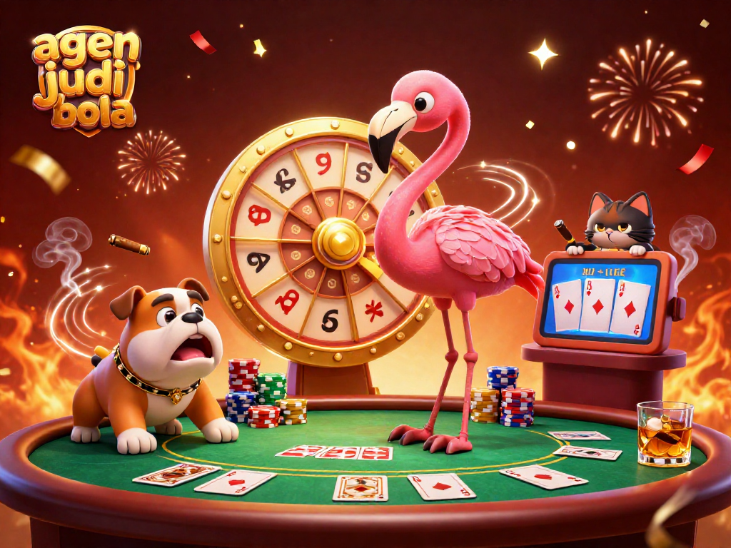 Excited bulldog contestant joins flamingo game show host and cat assistant celebrating at agen judi bola prize wheel.