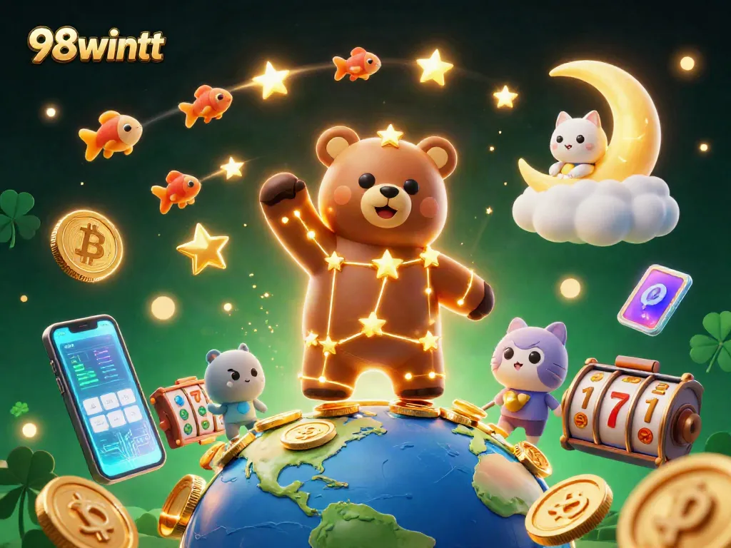 Engage with 98wintt's thrilling casino adventure featuring a stellar bear and vibrant gaming elements.