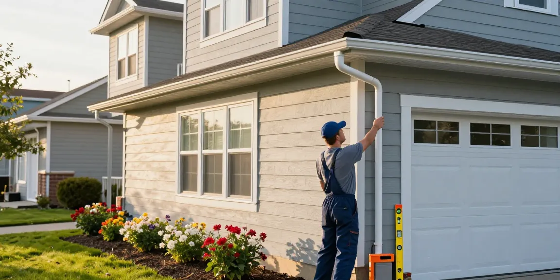 Seamless gutter installation in Spokane showcasing a technician at work.