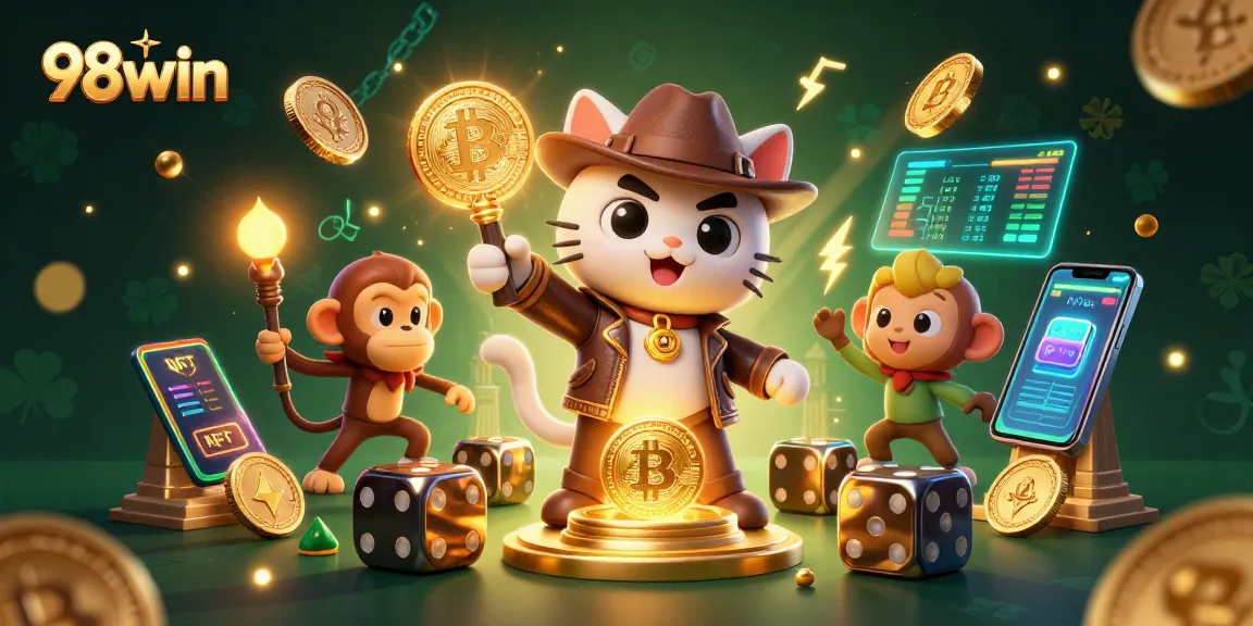 98win illustrates a cartoon explorer cat uncovering gold in a vibrant casino-themed temple.