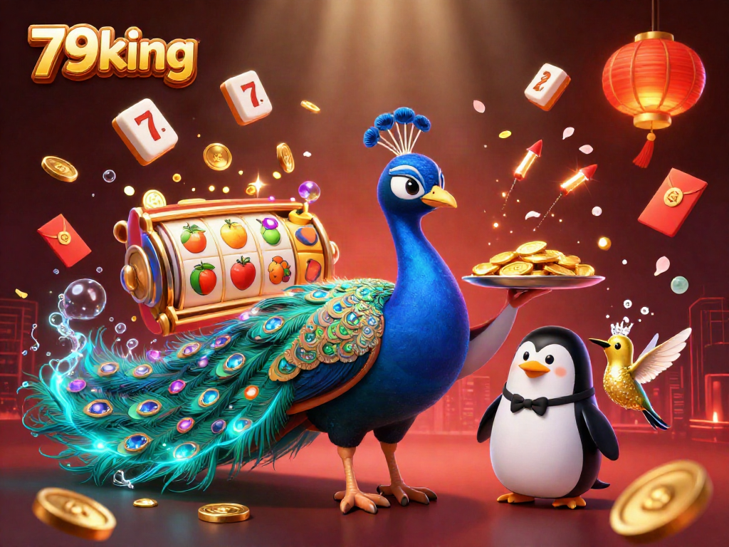 Engage with 79king's vibrant casino scene featuring spinning slot reels and lively characters.