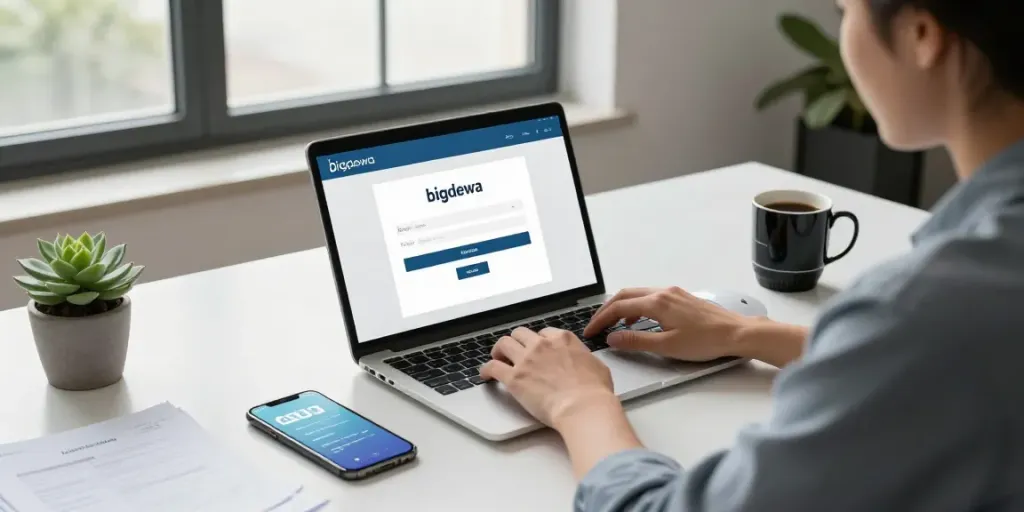 bigdewa login on a laptop in a modern office workspace