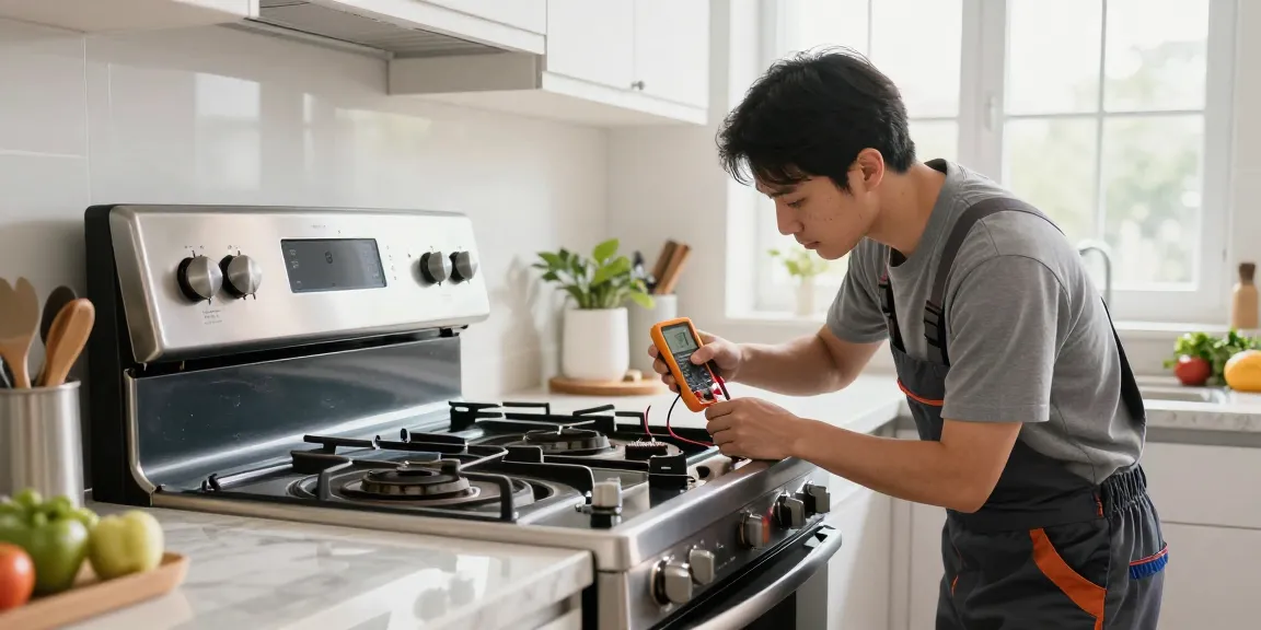 Electric stove repair technician examining stove components in a bright kitchen setting.