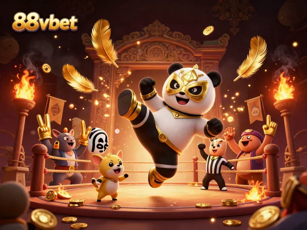 Engage in thrilling gaming at 88vbet with a panda wrestler lifting off to victory over excited fans.