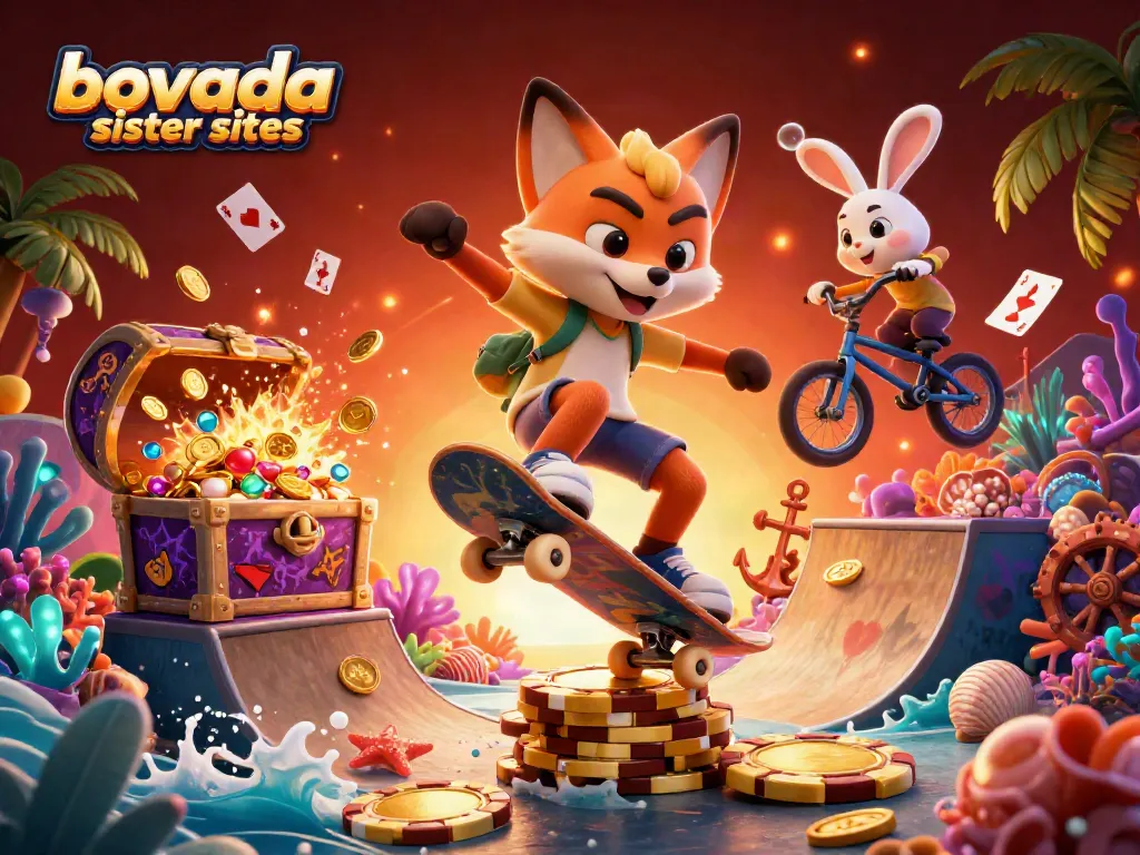 Skateboarder fox and BMX rabbit illustrating bovada sister sites with casino symbols and vibrant gaming elements.