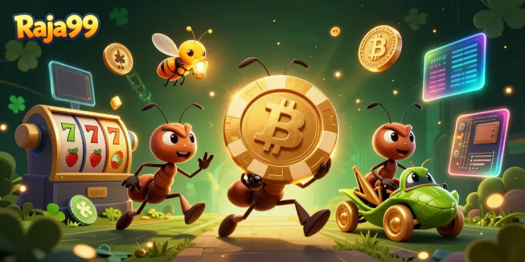 Raja99 menghadirkan permainan slot online dengan karakter sirus yang menarik dalam ilustrasi 3D.