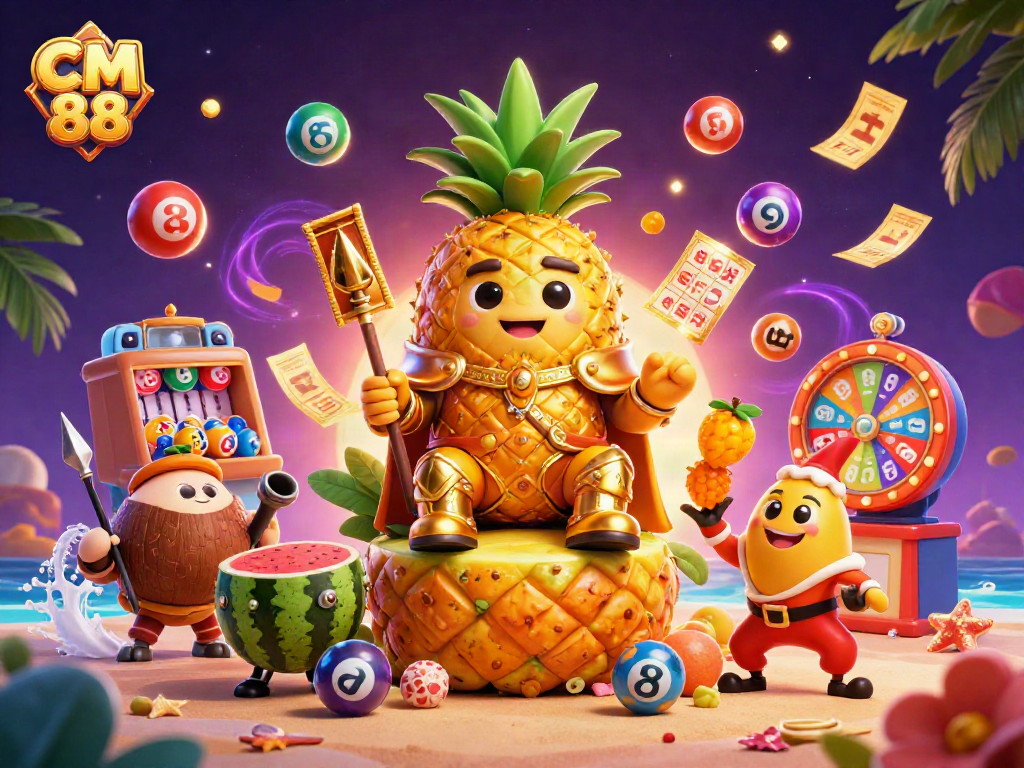Engage in thrilling fun at CM 88's vibrant casino atmosphere showcasing characters and lottery excitement.
