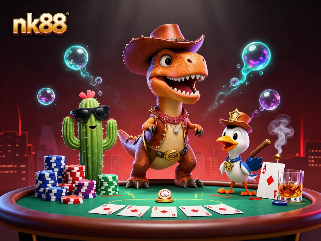 nk88 poker game scene with T-Rex dinosaur, cactus sidekick, and roadrunner in action