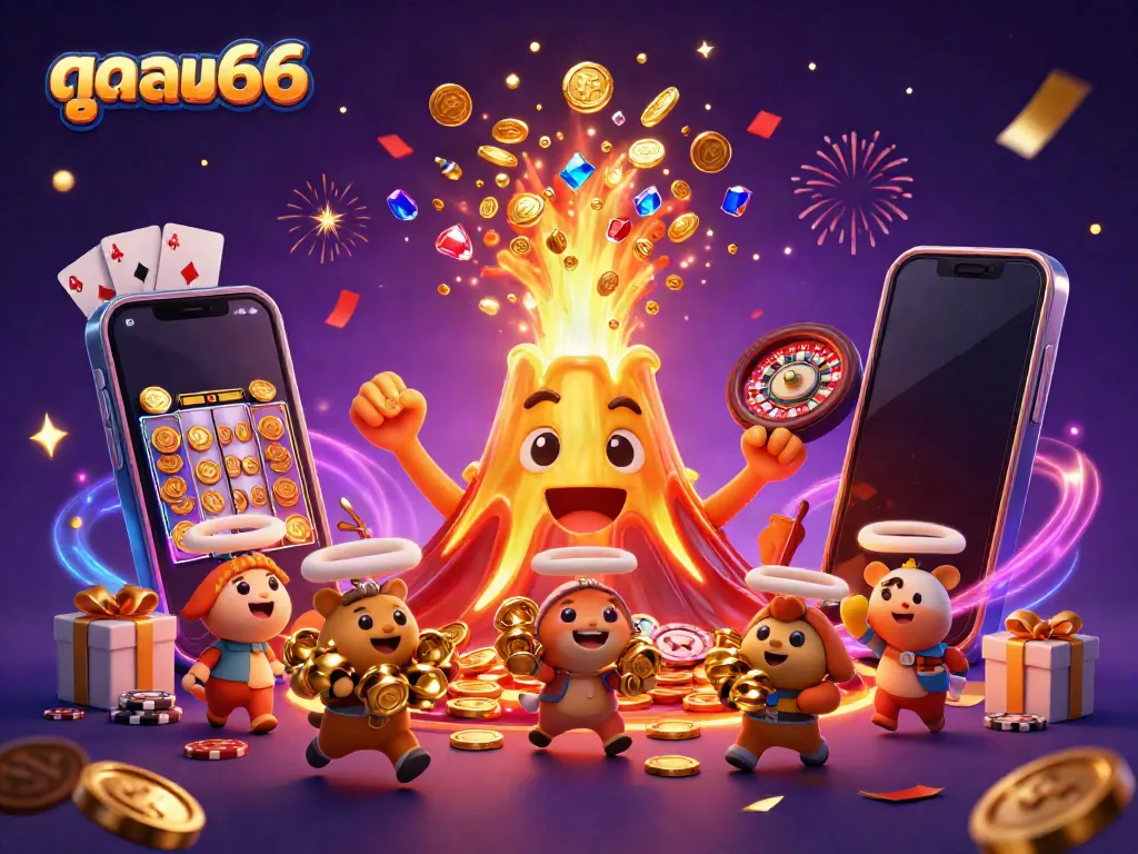 Experience the thrill of ดูบอล66 with a dynamic scene featuring a golden volcano erupting treasures amidst colorful slot games.