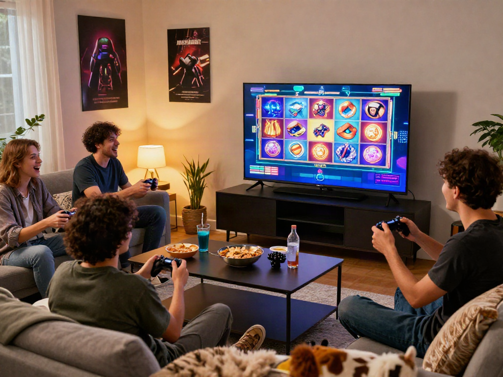 Friends enjoying bandar slot games in a lively living room filled with excitement and snacks
