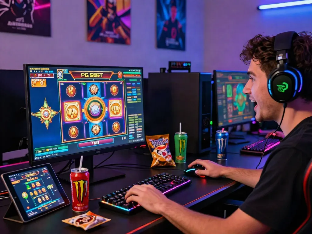 Exciting scene of a player engaged in a PG SOFT slot game, highlighting the allure of slot thailand gaming.