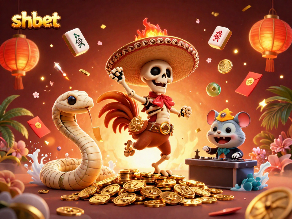 Engage in thrilling play at shbet with vibrant festive characters celebrating fortune amidst casino elements.