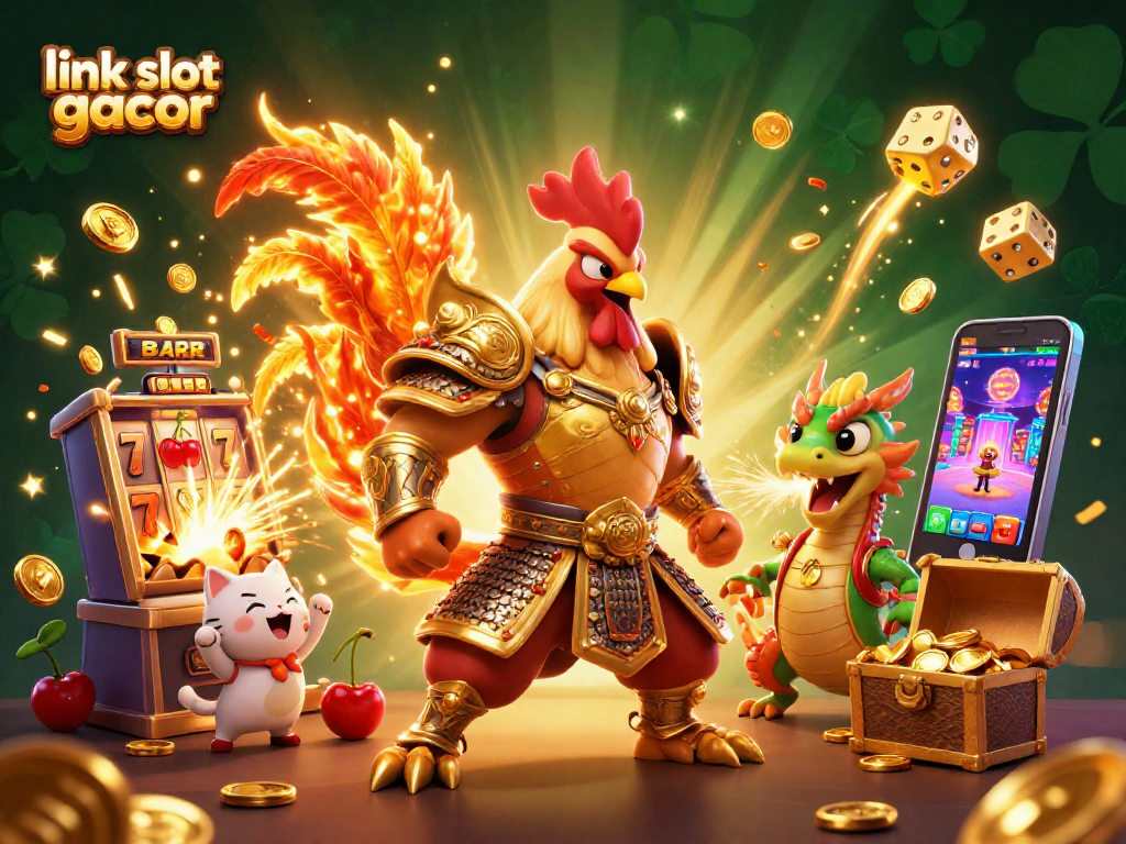 Memenangkan jackpot di link slot gacor dengan ilustrasi kasino ceria yang menampilkan banyak karakter mengesankan dan elemen permainan.