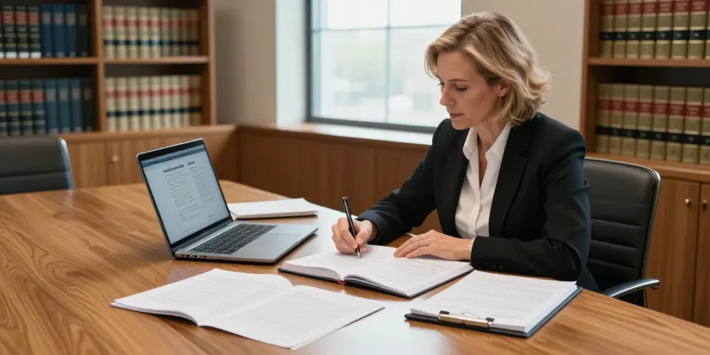Karen McCleave attorney reviewing legal documents in a professional office setting.
