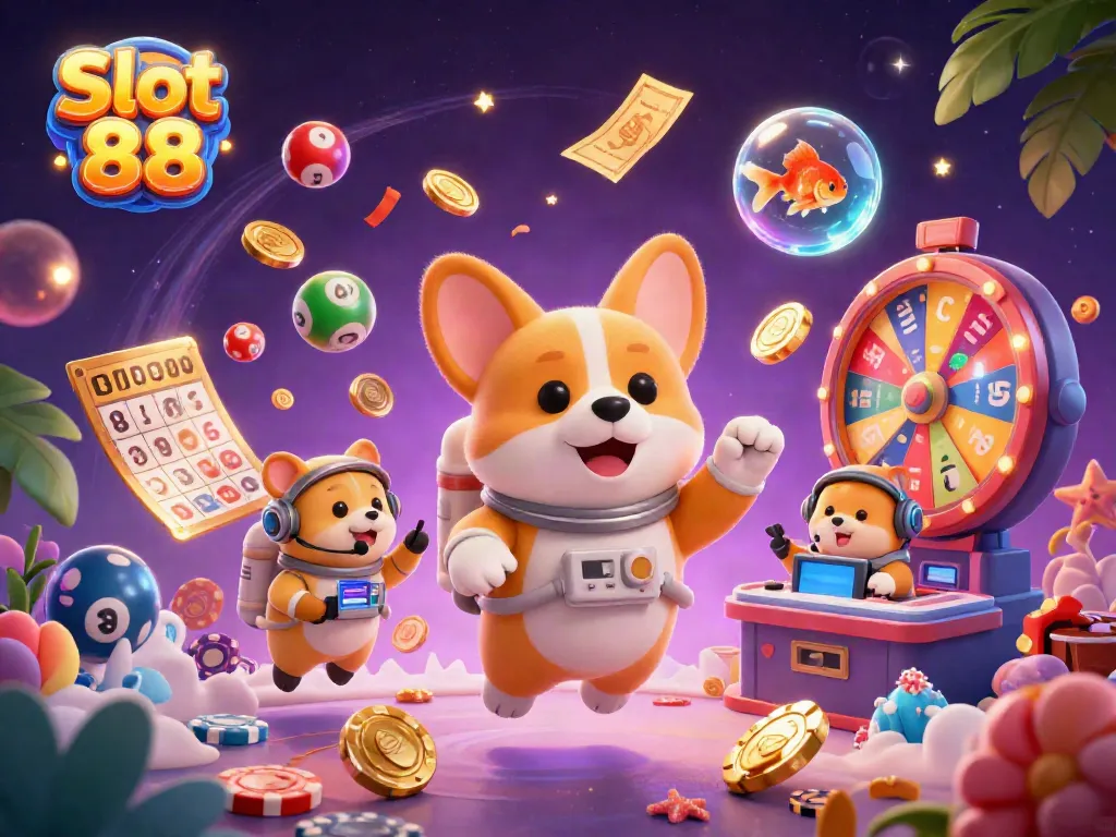 Experience Slot 88 excitement with floating characters, chips, and vibrant game elements in a whimsical casino