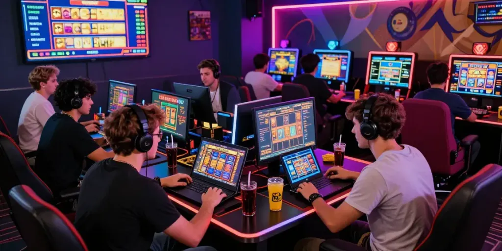 Players enjoying link alternatif proplay88 in a vibrant online gaming lounge with live RTP displays and energetic atmosphere.