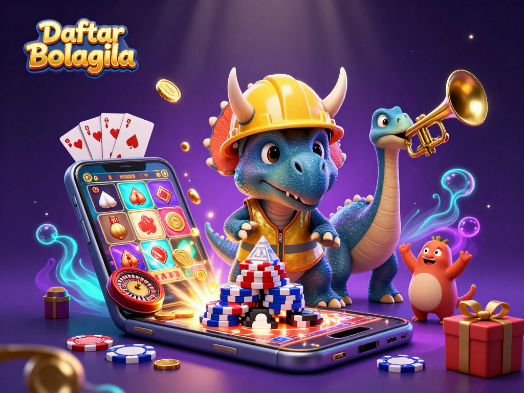 Engage in gaming excitement with Daftar Bolagila featuring a triceratops and slot game elements in a vibrant scene.