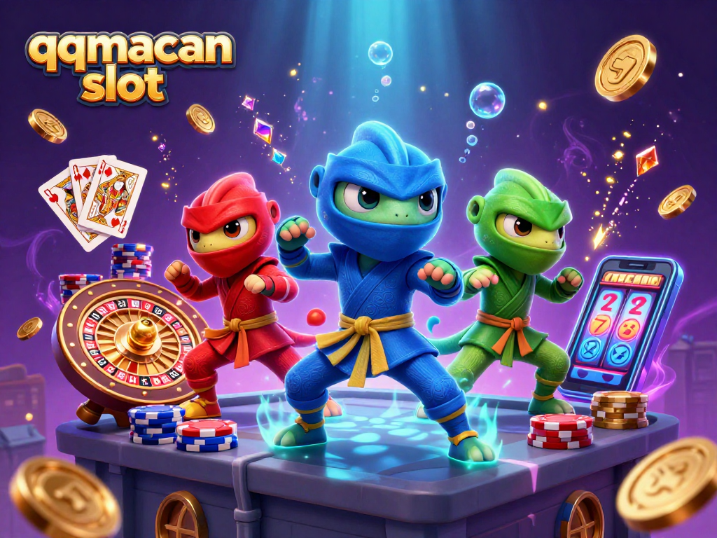 Experience big wins with qqmacan slot in this dynamic scene featuring ninja chameleons and casino elements.